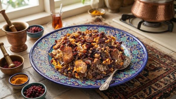 طرز تهیه رب پلو شیرازی با مرغ، گردو و رب انار